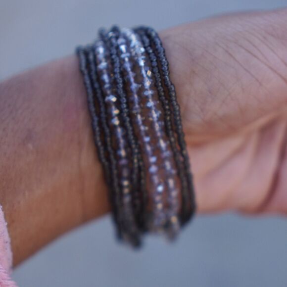 Teal Gray Multistrand Glass Beaded Magnetic Bracelet with Rhinestone Clasp - Picture 3 of 7